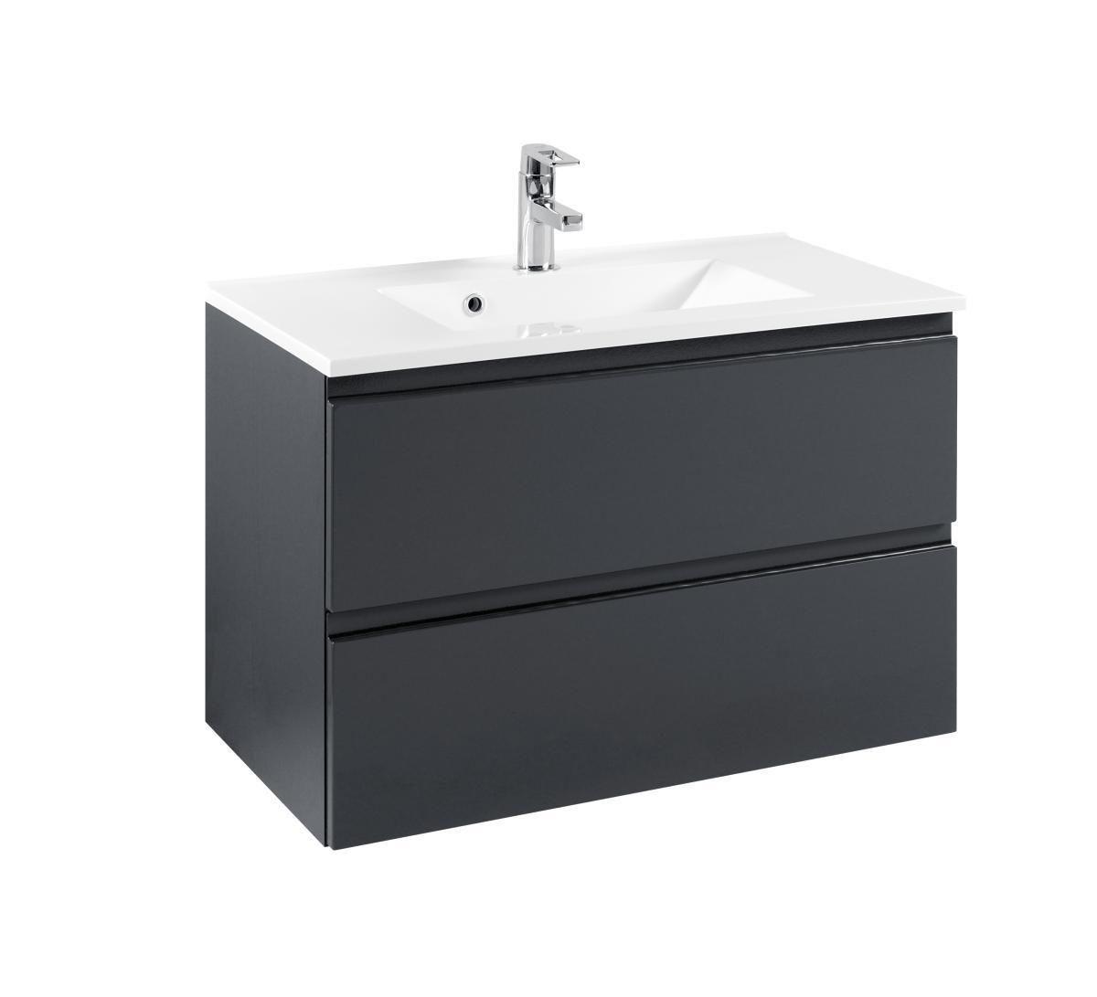 Waschbecken mit Unterschrank Cardiff B: 80cm, Graphitfarben - Graphitfarben/Weiß, Design, Holzwerkstoff/Stein (80cm) - Held
