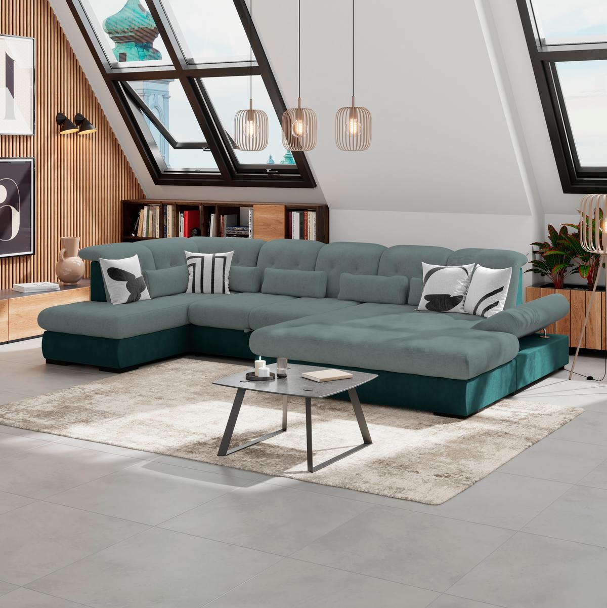 Wohnlandschaft Madera Mit Schlaffunktion Grün - Türkis/Blau, KONVENTIONELL, Kunststoff/Textil (212/358/190cm)