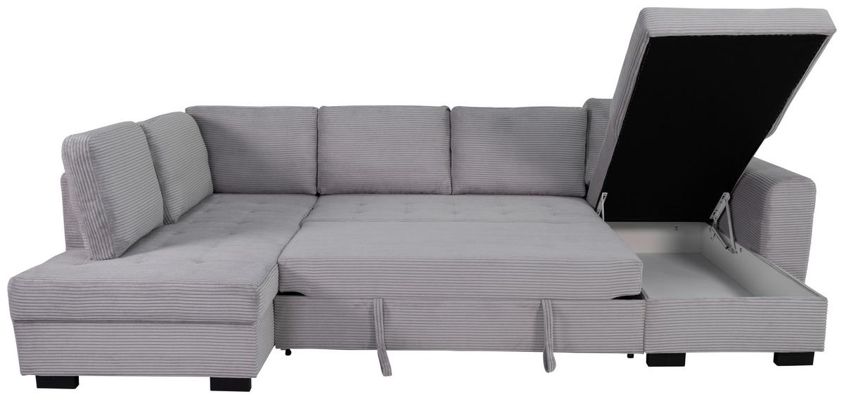 Souprava U MALTE, levá, světle šedý manšestr - černá/světle šedá, Moderní, textil/plast (178/305/155cm) - Based