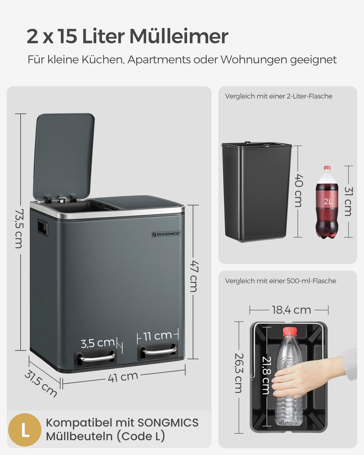 Abfallsammler Schwarz B: 41cm - Schwarz, Basics, Kunststoff/Metall (41/47/31,5cm)