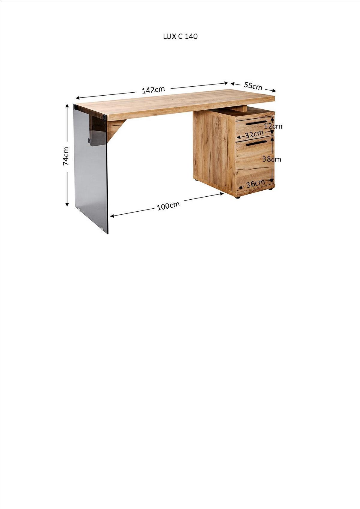 Schreibtisch B 74cm H 55cm Lux C 140, Eiche Deko - Transparent/Eichefarben, Design, Glas/Holzwerkstoff (141,8/74/55cm)