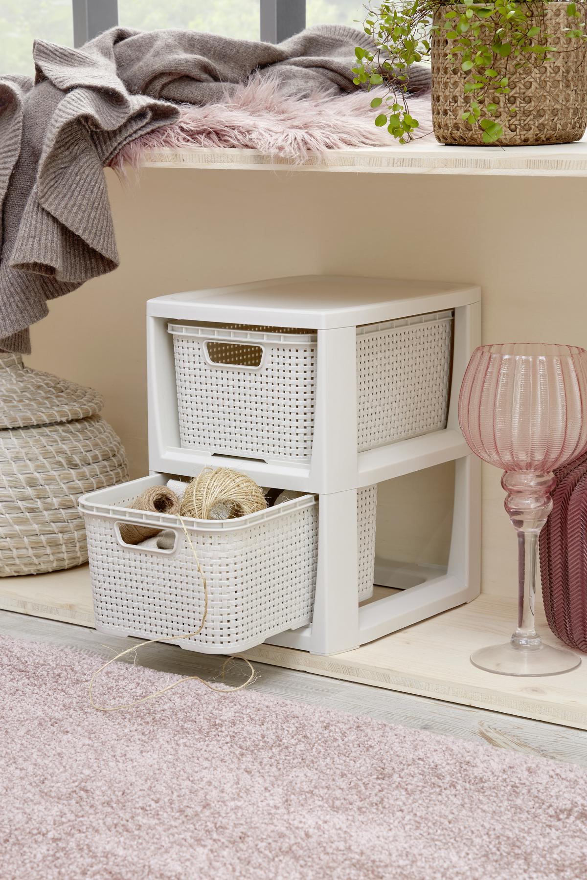 Schubladenbox Rattan Weiß , Anthrazit, 24,1x29,6x33 cm - Anthrazit/Weiß, Basics (24,1/29,6/33cm) - Ondega