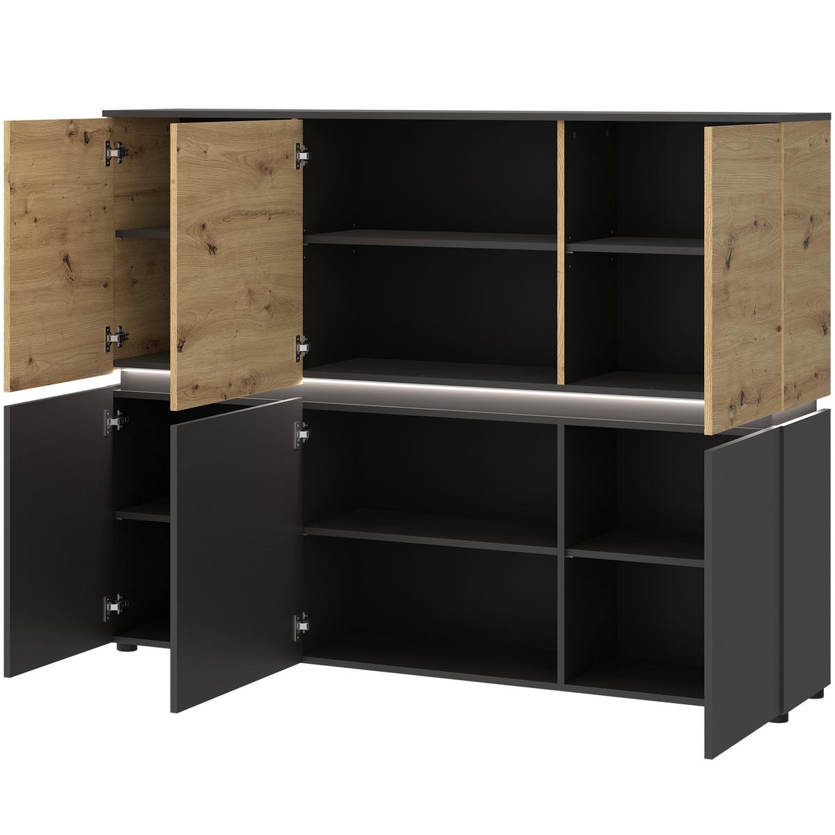 Sideboard Luci Grau Eiche Artisan/Grau B: 165,5 cm - Schwarz/Eiche Artisan, Trend, Holzwerkstoff (165,5/131,5/40cm) - MID.YOU