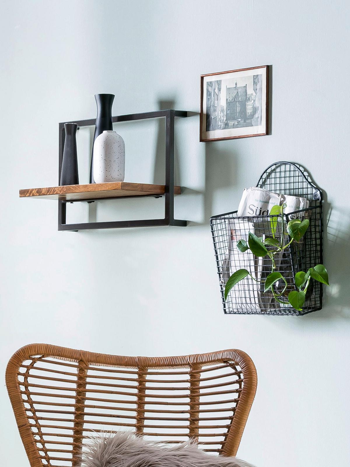 Wandregal Mangoholz/Schwarz B: 65cm - Schwarz/Naturfarben, Design, Holz/Metall (65/35/25cm) - MID.YOU