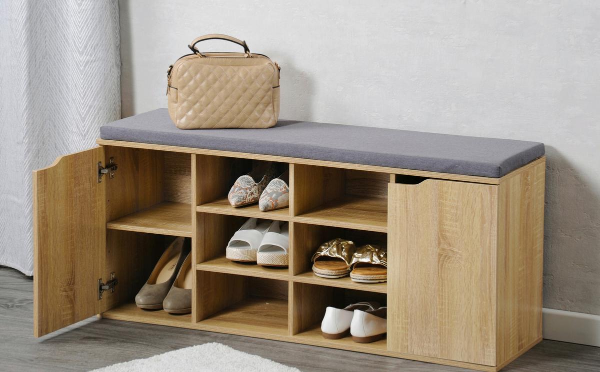 Schuhschrank Eiche Dekor/grau Mit Sitzkissen B: 103 Cm - Grau/Sonoma Eiche, Basics, Holzwerkstoff (103/48/30,50cm) - Kesper