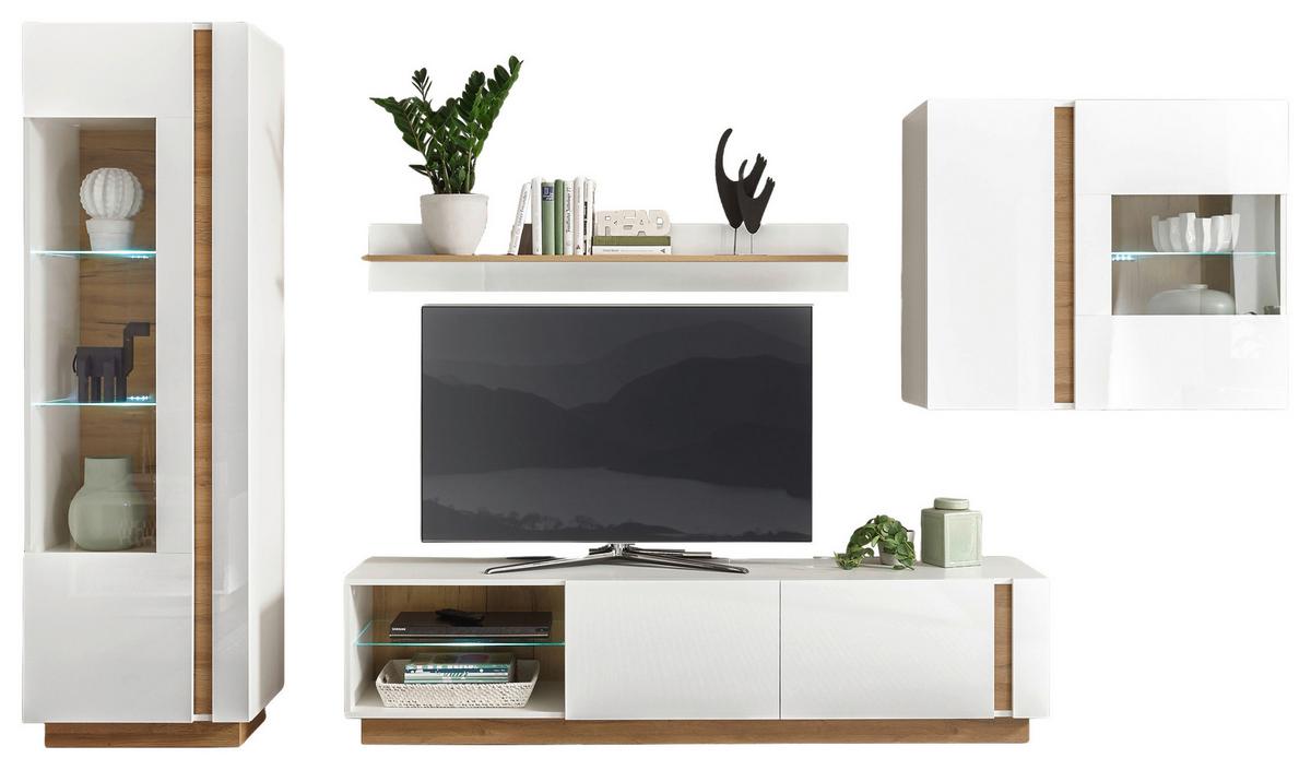 Wohnwand Clair Weiß/Eichefarben B: 315cm - Eichefarben/Weiß, Design, Glas/Holzwerkstoff (315/194/40cm) - MID.YOU