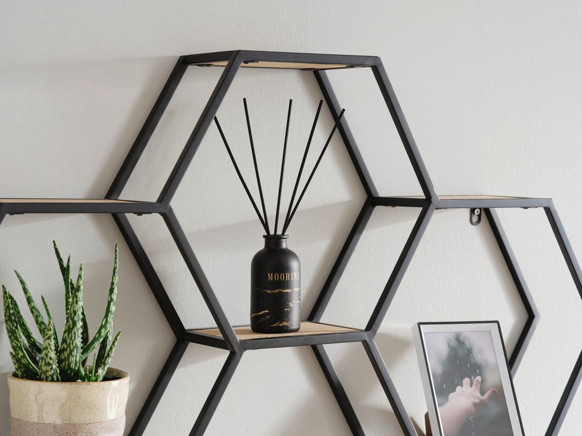 Nástěnný regál černá kov - černá/přírodní barvy, Lifestyle, kov/dřevo (88/63/12cm) - Premium Living