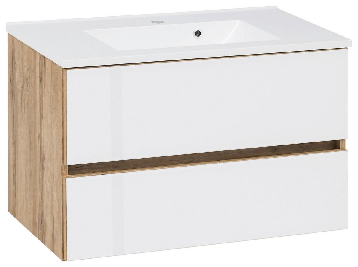 Badmöbel-Set 3-Tlg. inkl. LED Helsinki B: 80 cm, Weiß/Eiche - Eichefarben/Weiß, KONVENTIONELL, Glas/Holzwerkstoff (80cm) - Held