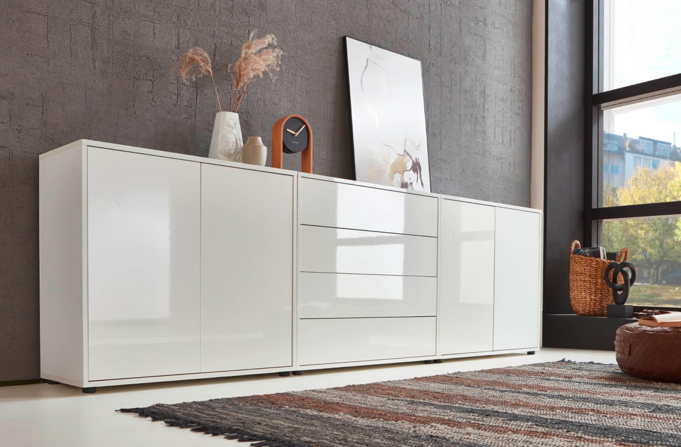 Sideboard Mailand 5 B: 237 cm Weiß - Weiß Hochglanz/Schwarz, MODERN, Holzwerkstoff (237/73/33cm) - MID.YOU