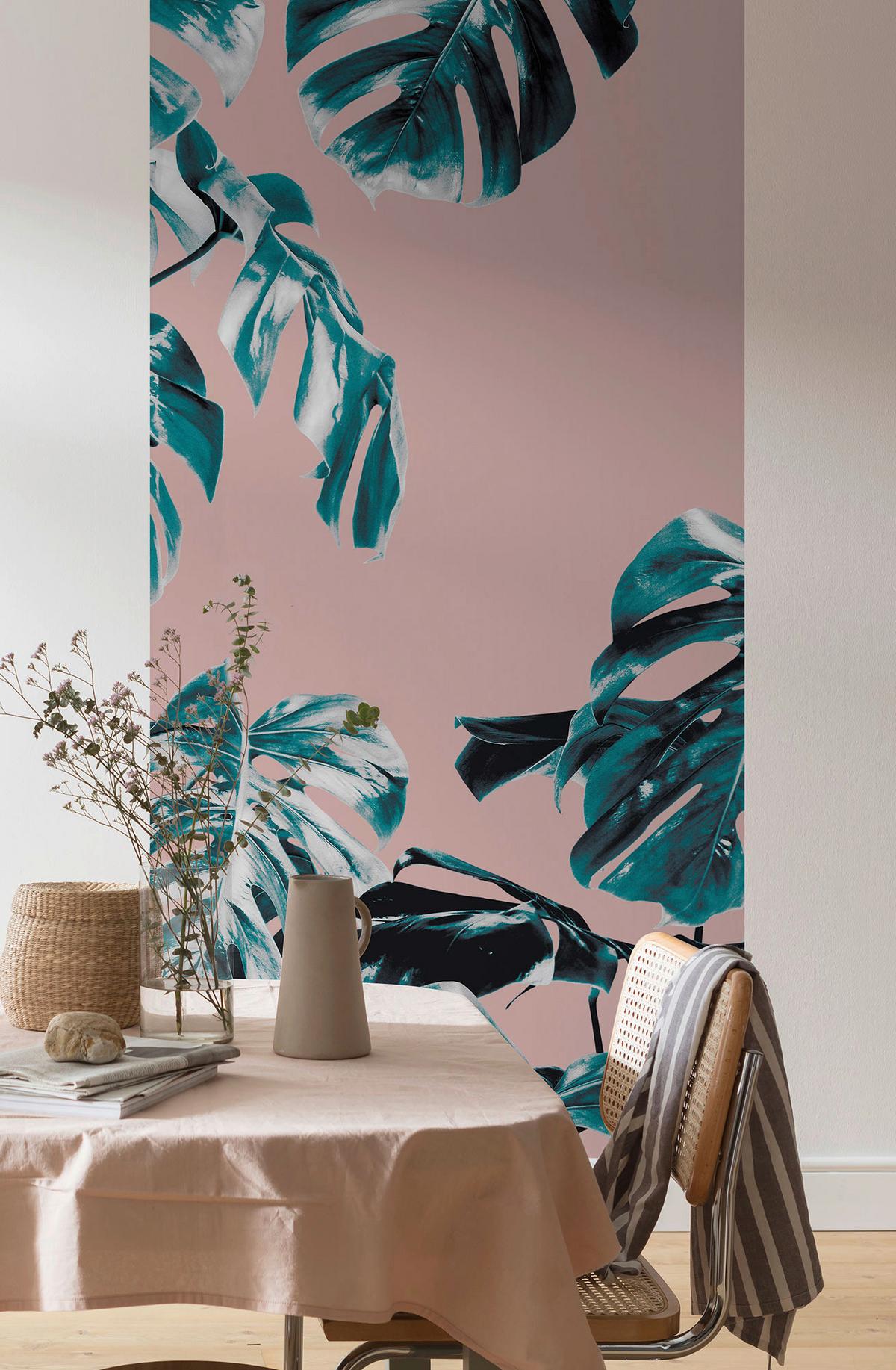 Vliestapete Monstera Rosé Panel - Rosa/Grün, Basics (100/250cm) - Komar