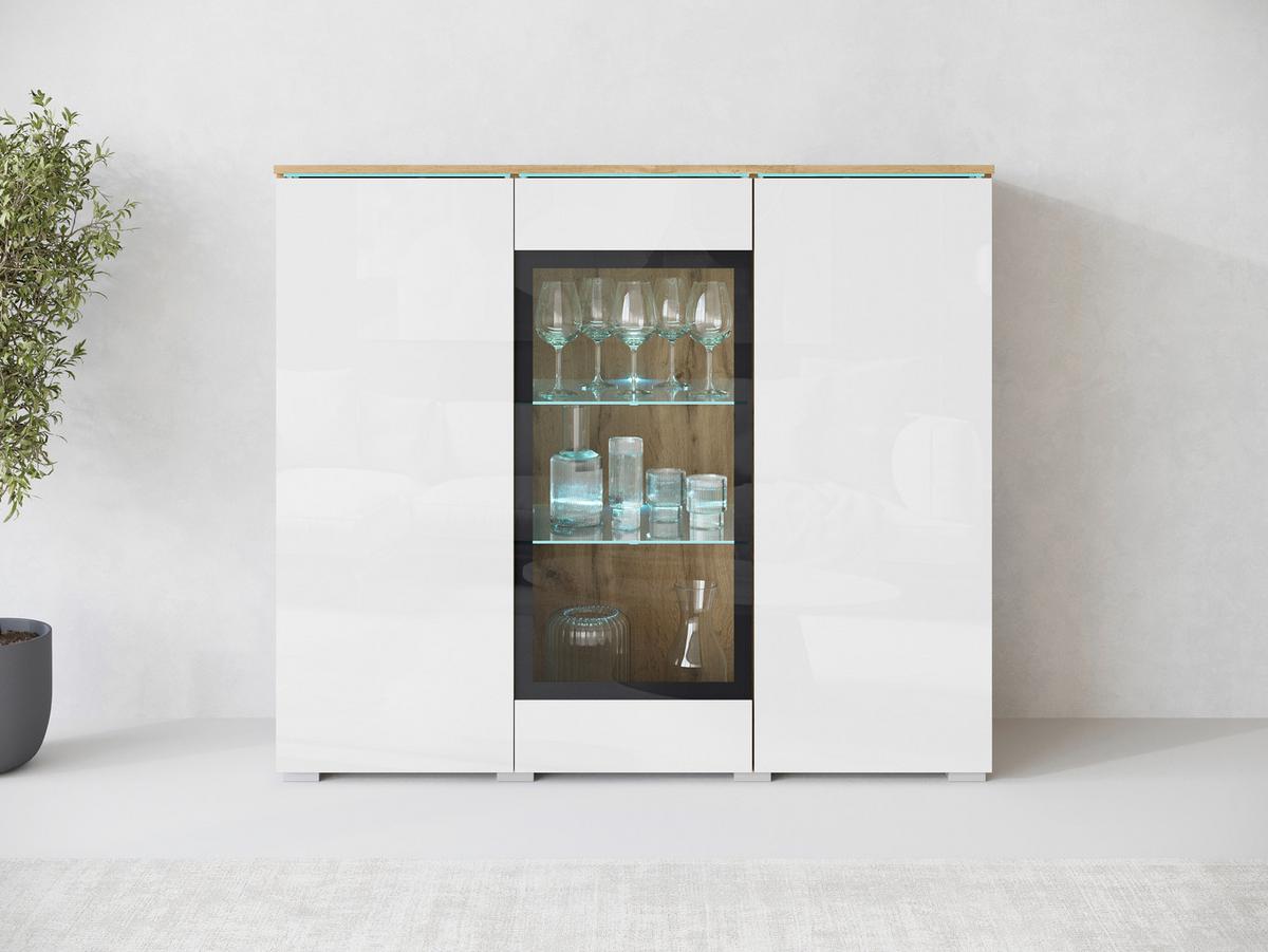Highboard 120cm Vera Weiß Hochglanz/Wotan Eiche - Weiß Hochglanz/Eiche Wotan, Trend, Glas/Holzwerkstoff (120/103,3/39,5cm) - P & B