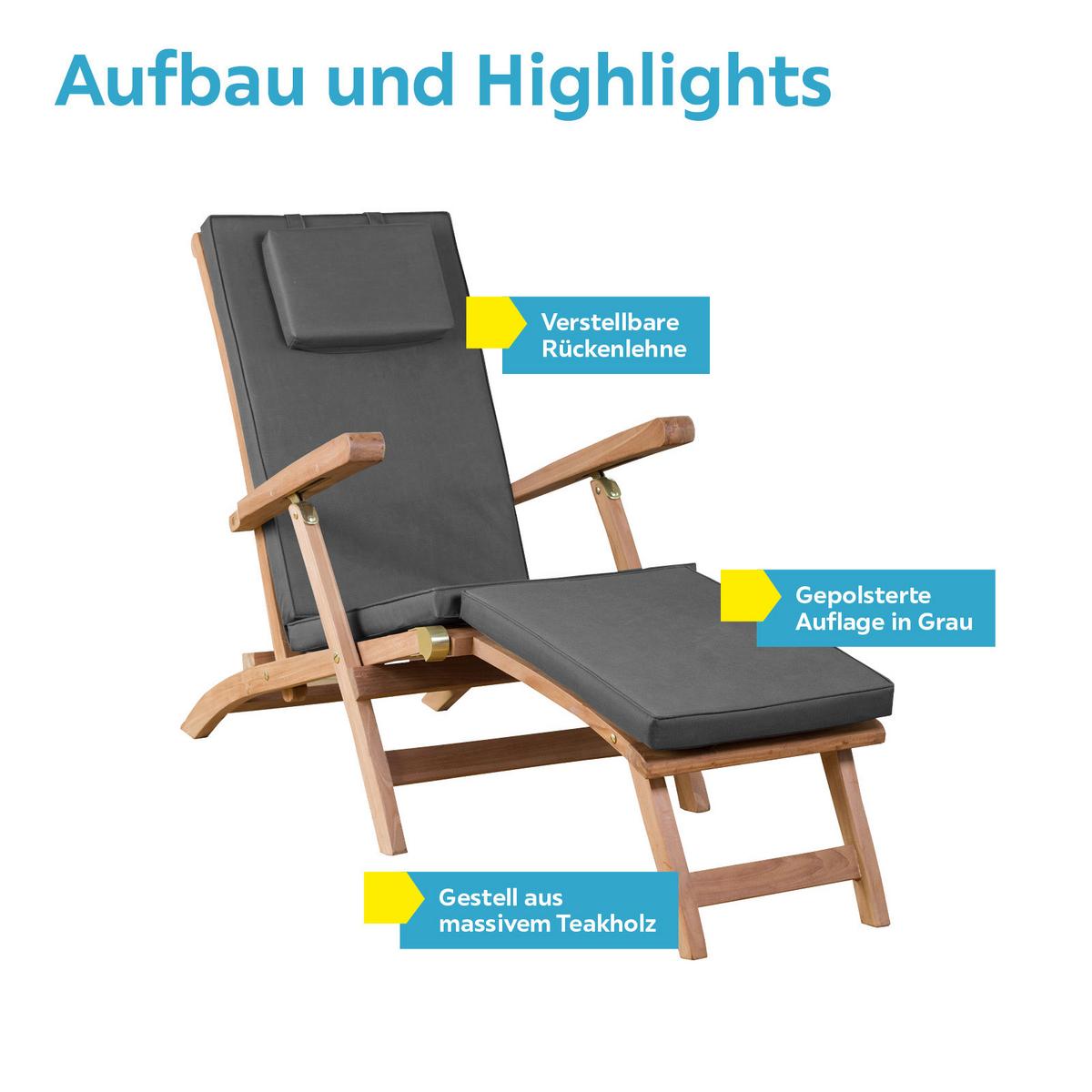 Bäderliege Woodie, Teakholz Mit Auflage, Verstellbar - Grau/Teakfarben, Basics, Holz (60/93/170cm)