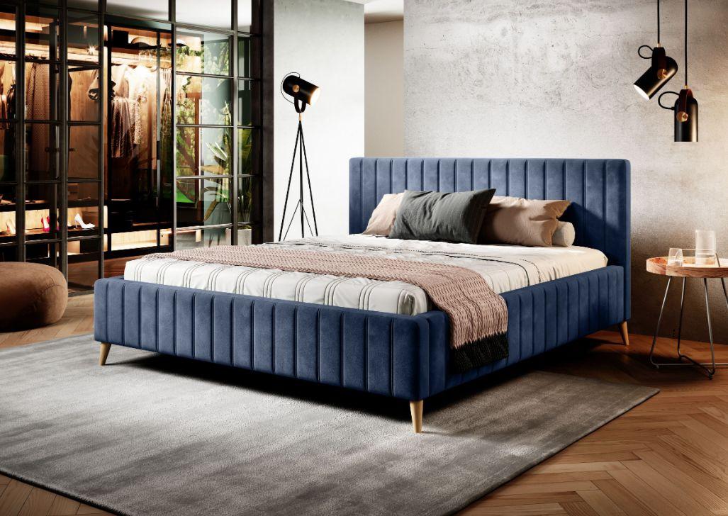 Čalúnená posteľ Tamina s roštom 160x200cm - modrá/prírodná farba, Design, drevo/textil (160/200cm)