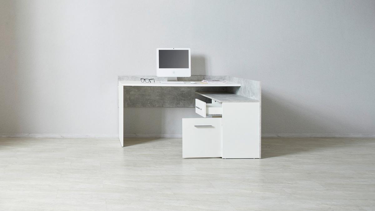 Eckschreibtisch Mit Stauraum B: 141,6 Cm Moni, Betonoptik - Dunkelgrau/Weiß, MODERN, Holzwerkstoff (141,6/80,5/124cm)