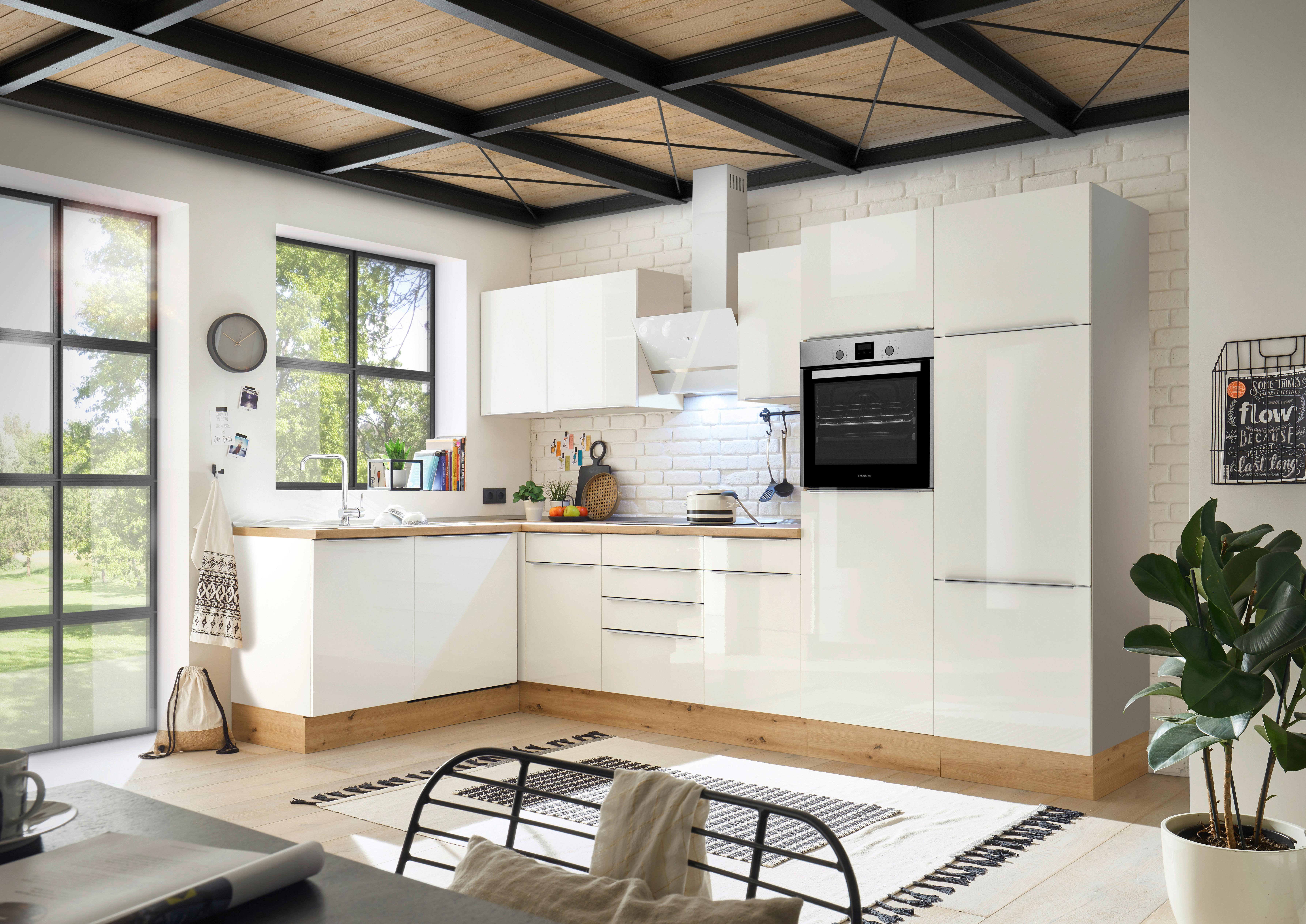 Eckküche mit Geräten 340x170 cm Weiß/Eiche Dekor, Modern - Weiß Hochglanz/Weiß, LIFESTYLE, Holzwerkstoff (170/340cm) - Respekta