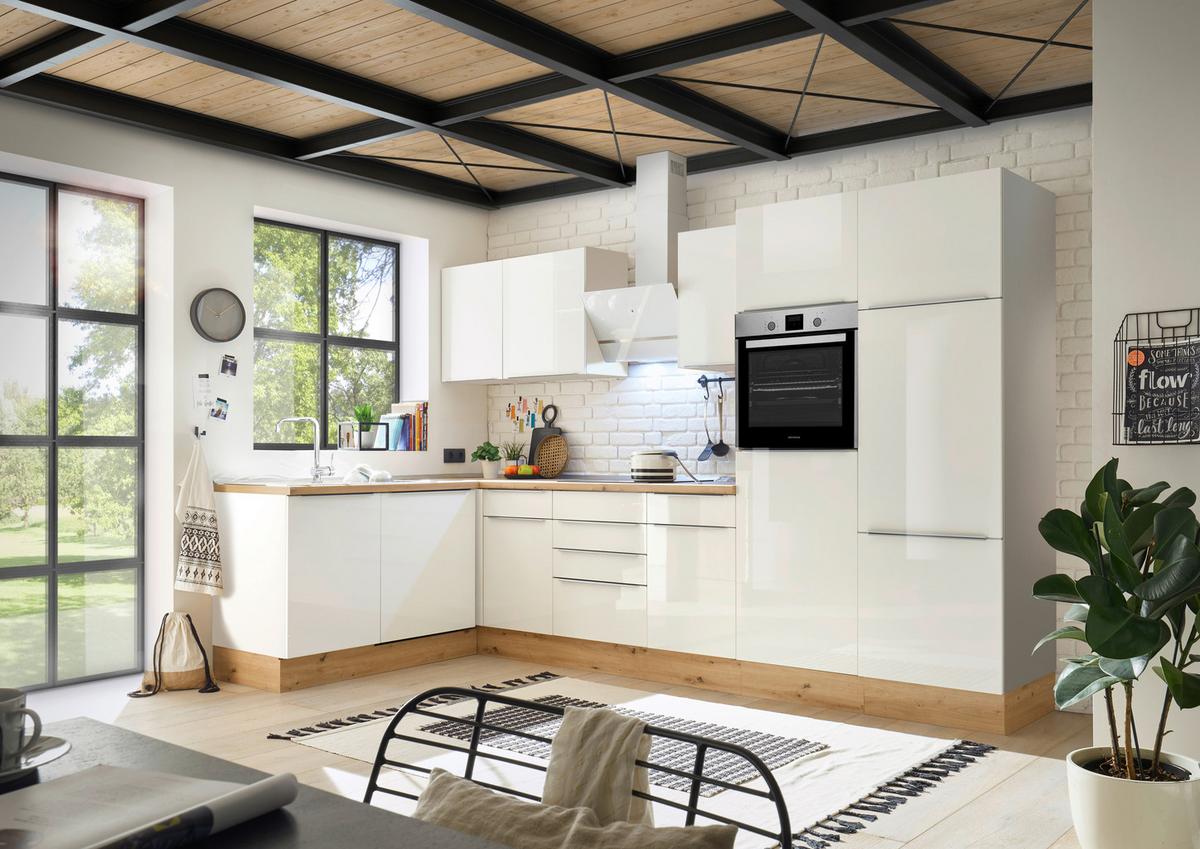 Eckküche mit Geräten 340x170 cm Weiß/Eiche Dekor, Modern - Weiß Hochglanz/Weiß, LIFESTYLE, Holzwerkstoff (170/340cm) - Respekta