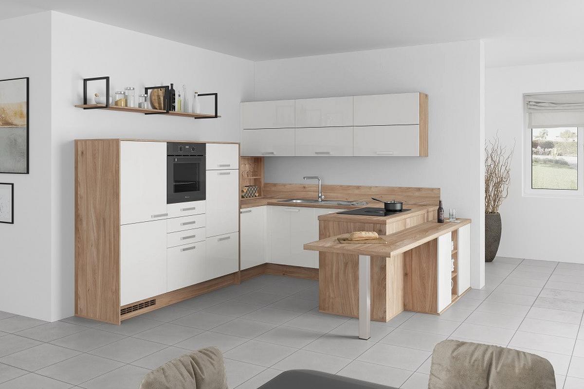 U-küche Lp4050 Weiß/ Eiche 298x294x255 Cm Mit Griffen - MODERN, Holzwerkstoff (298/294/255cm) - Impuls