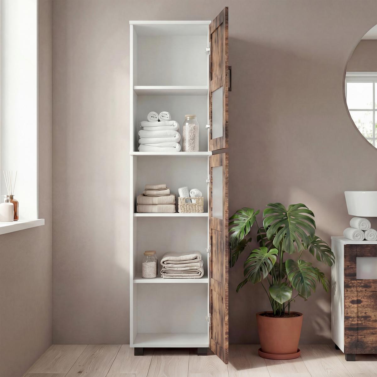 Hochschrank Nilari Weiß/Eichefarben B: 38cm - Eichefarben/Weiß, Trend, Glas/Holzwerkstoff (38/165/28cm) - MID.YOU