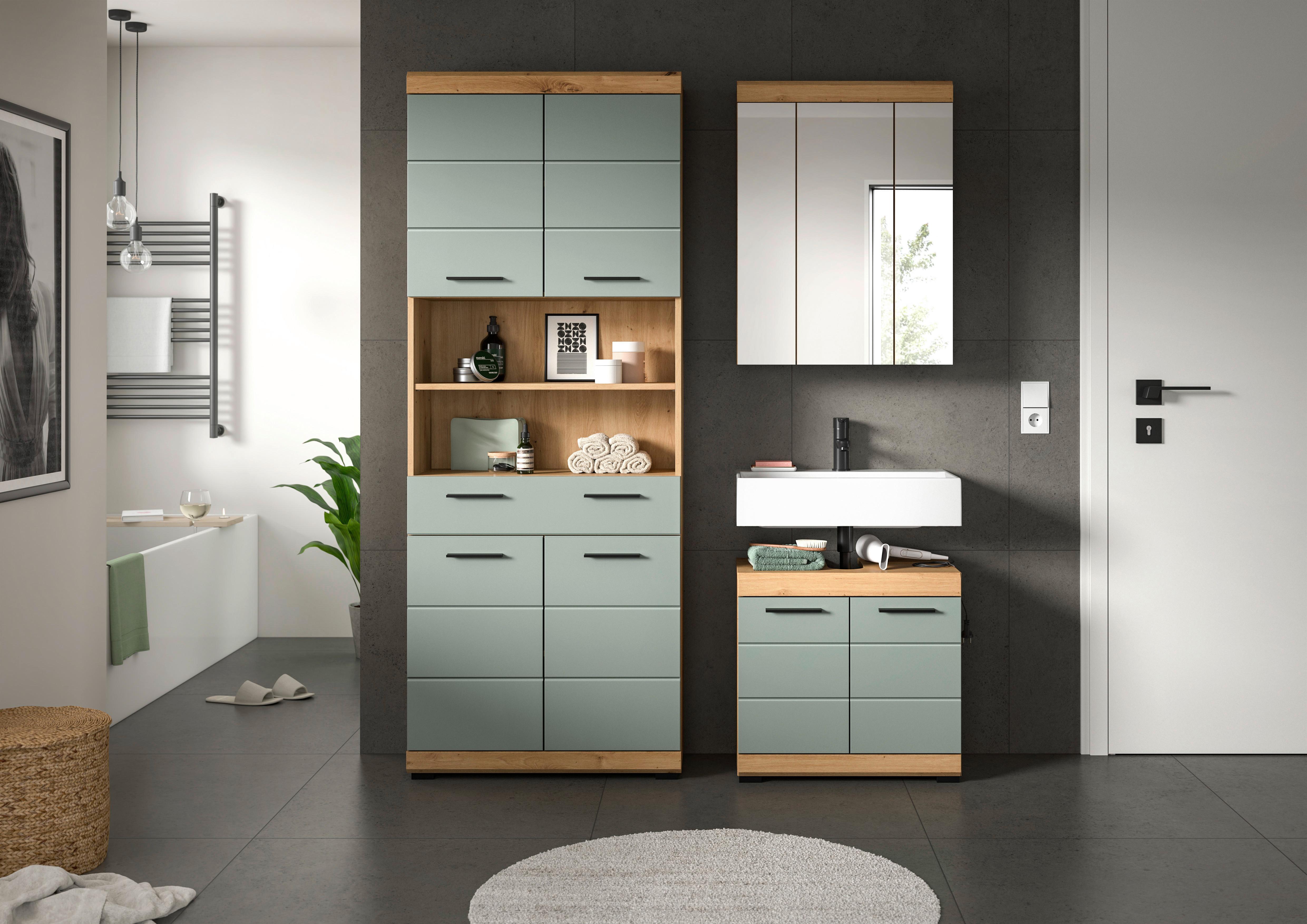Badezimmer Scout Salbeigrün/Eiche D. B: 134 cm - Schwarz, MODERN, Holzwerkstoff (134cm) - MID.YOU