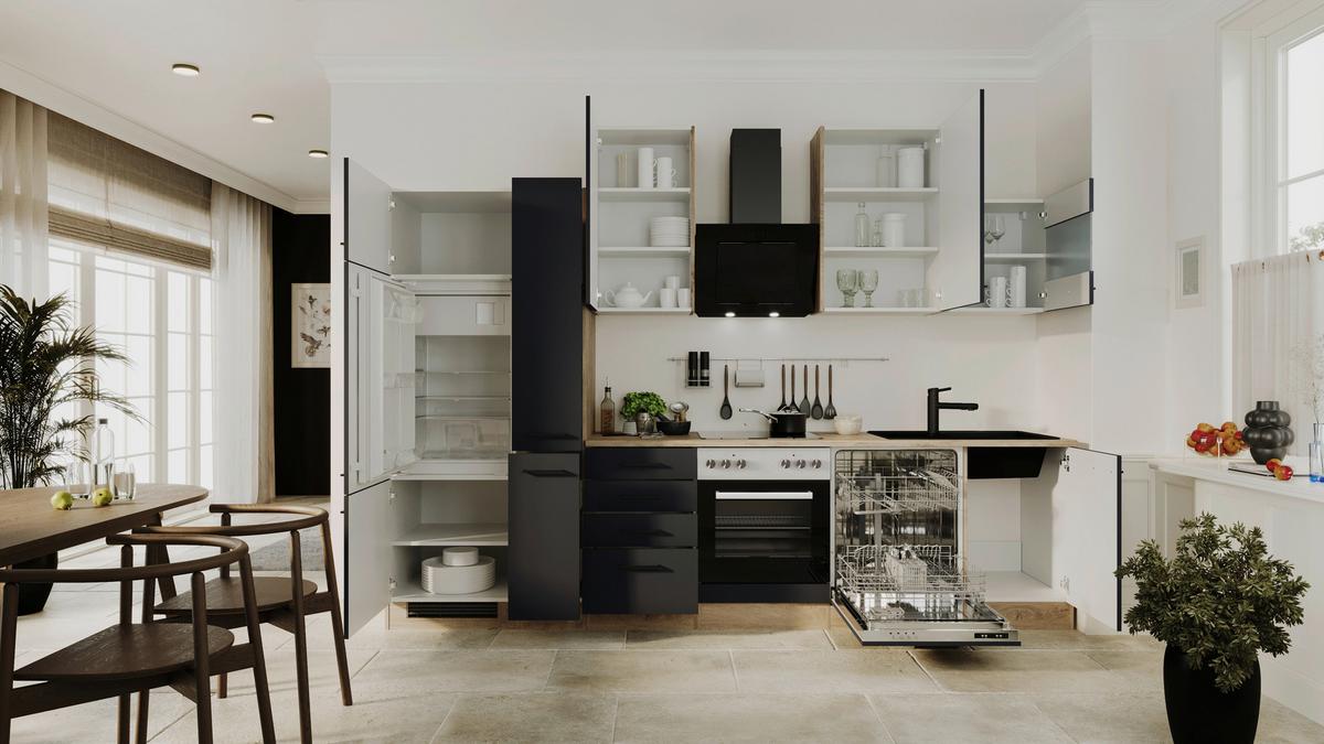 Küchenblock Capri Eiche/Schwarz B: 310 cm - Eichefarben/Schwarz, Basics, Holzwerkstoff (310cm) - FlexWell