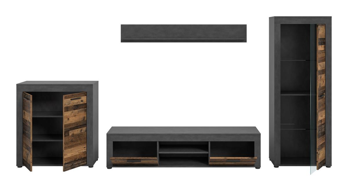 Wohnwand Jam Old Wood Dekor 4-teilig B: ca. 330 cm - Schwarz/Naturfarben, Design, Glas/Holzwerkstoff (330/159/35cm) - MID.YOU