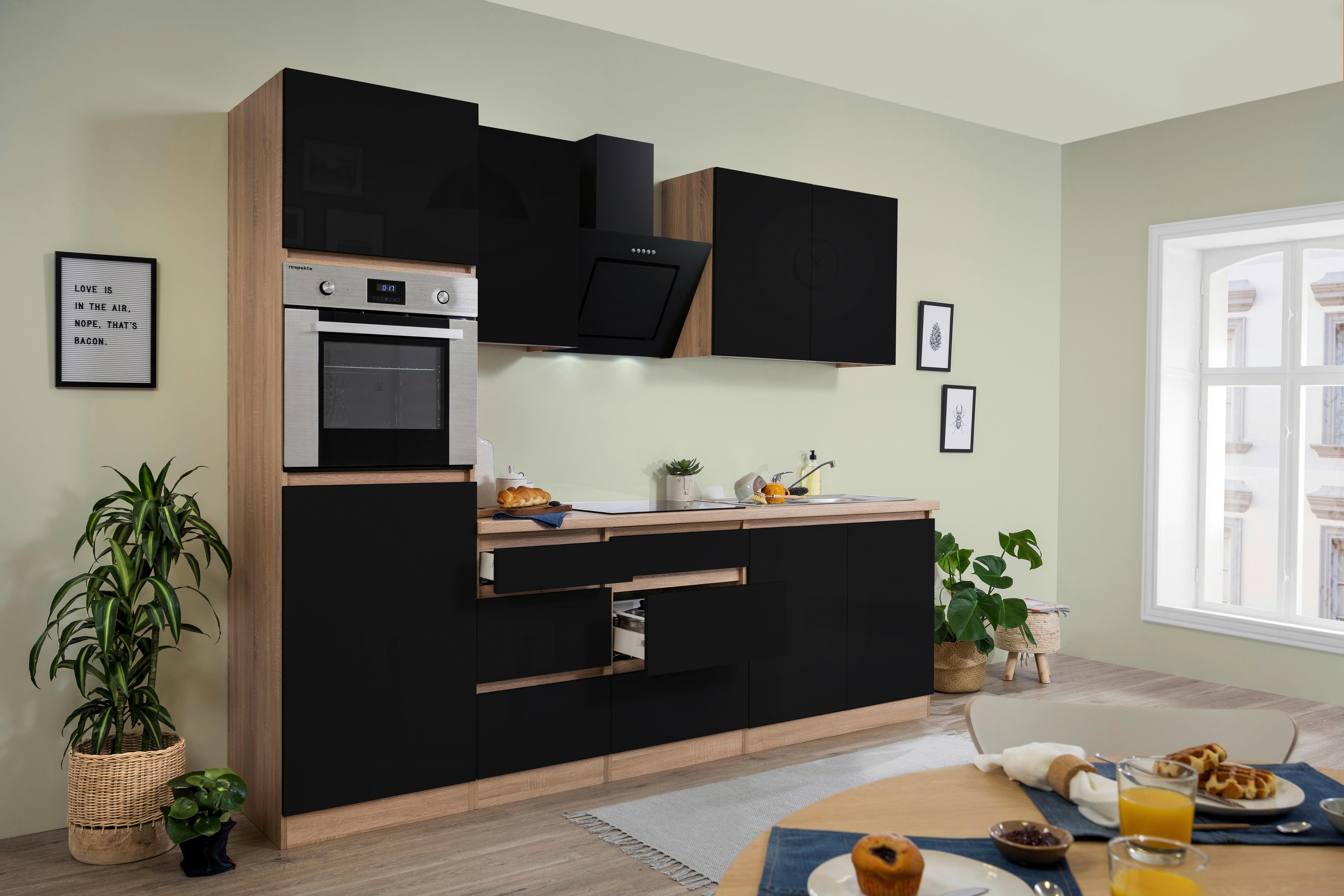 Küchenzeile Premium mit Geräten 270 cm Schwarz/Eiche Dekor - Eichefarben/Schwarz, MODERN, Holzwerkstoff (270cm) - Respekta