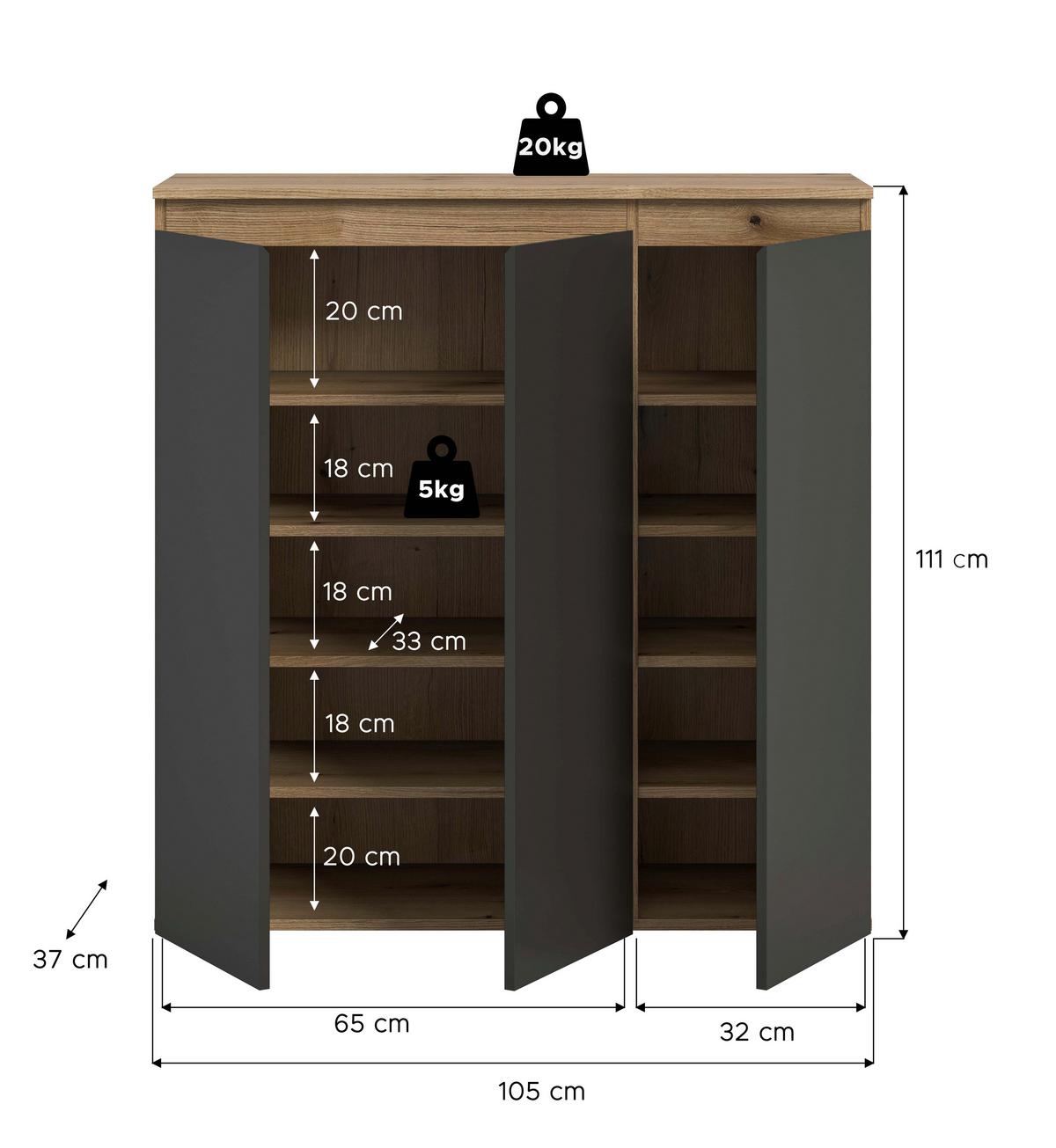 Schuhschrank Scarpa Eiche Dekor, Anthrazit B:105cm - Eichefarben/Anthrazit, Design, Holzwerkstoff (105/111/37cm) - Livetastic