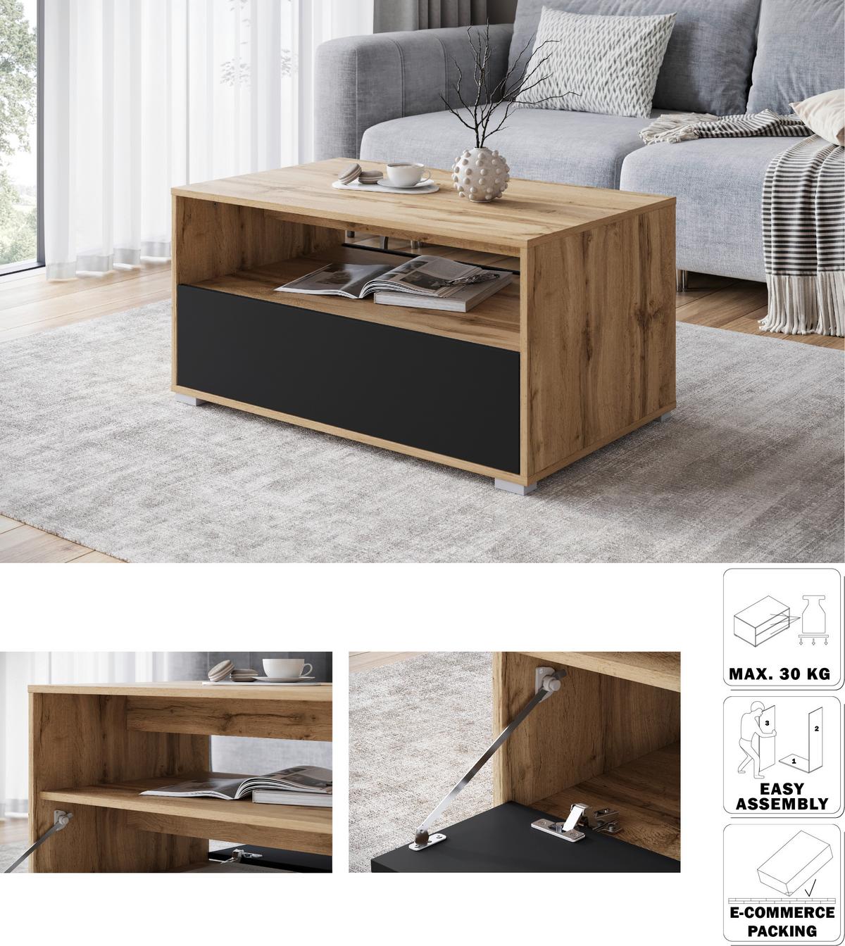 Couchtisch Narobi-ii Eiche Wotan/schwarz B: 90 Cm - Eiche Wotan/Schwarz, Trend, Holzwerkstoff/Kunststoff (90/45/55cm) - P & B