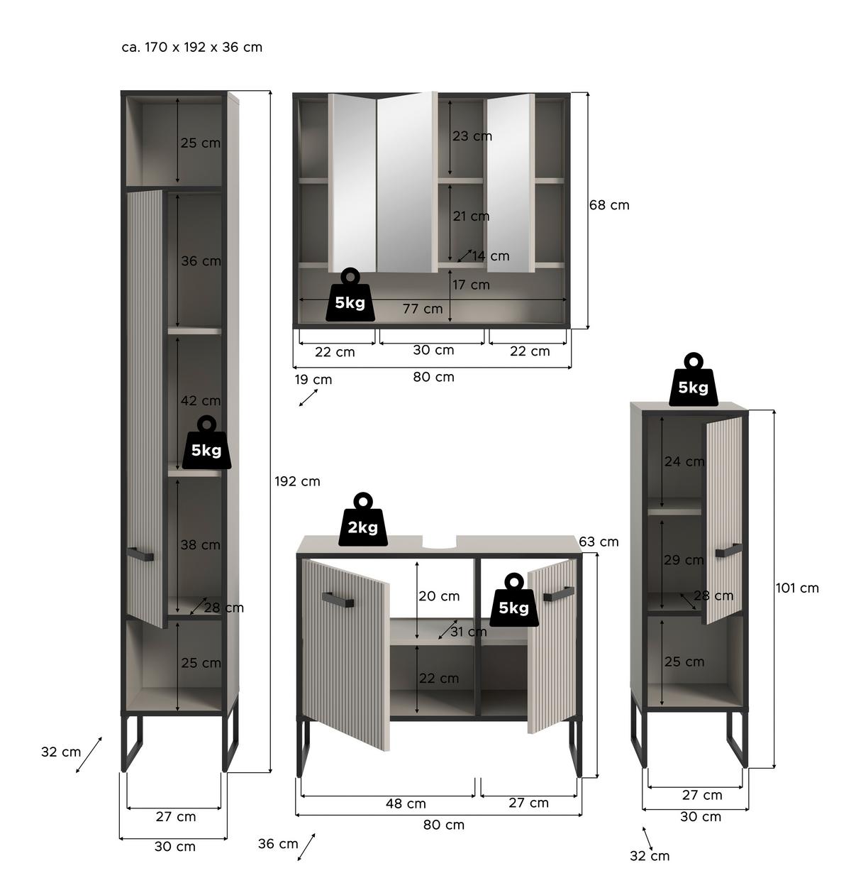 Badezimmer Bagno Kaschmir B: 140 Cm - Kaschmir/Schwarz, MODERN, Holzwerkstoff (140cm) - MID.YOU