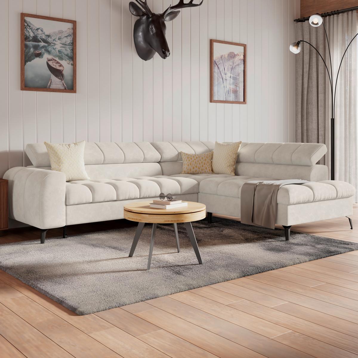 Ecksofa Volf Rechts New Cremefarben, S: 261x203 cm - Creme/Schwarz, Trend, Kunststoff/Textil (261/203cm)