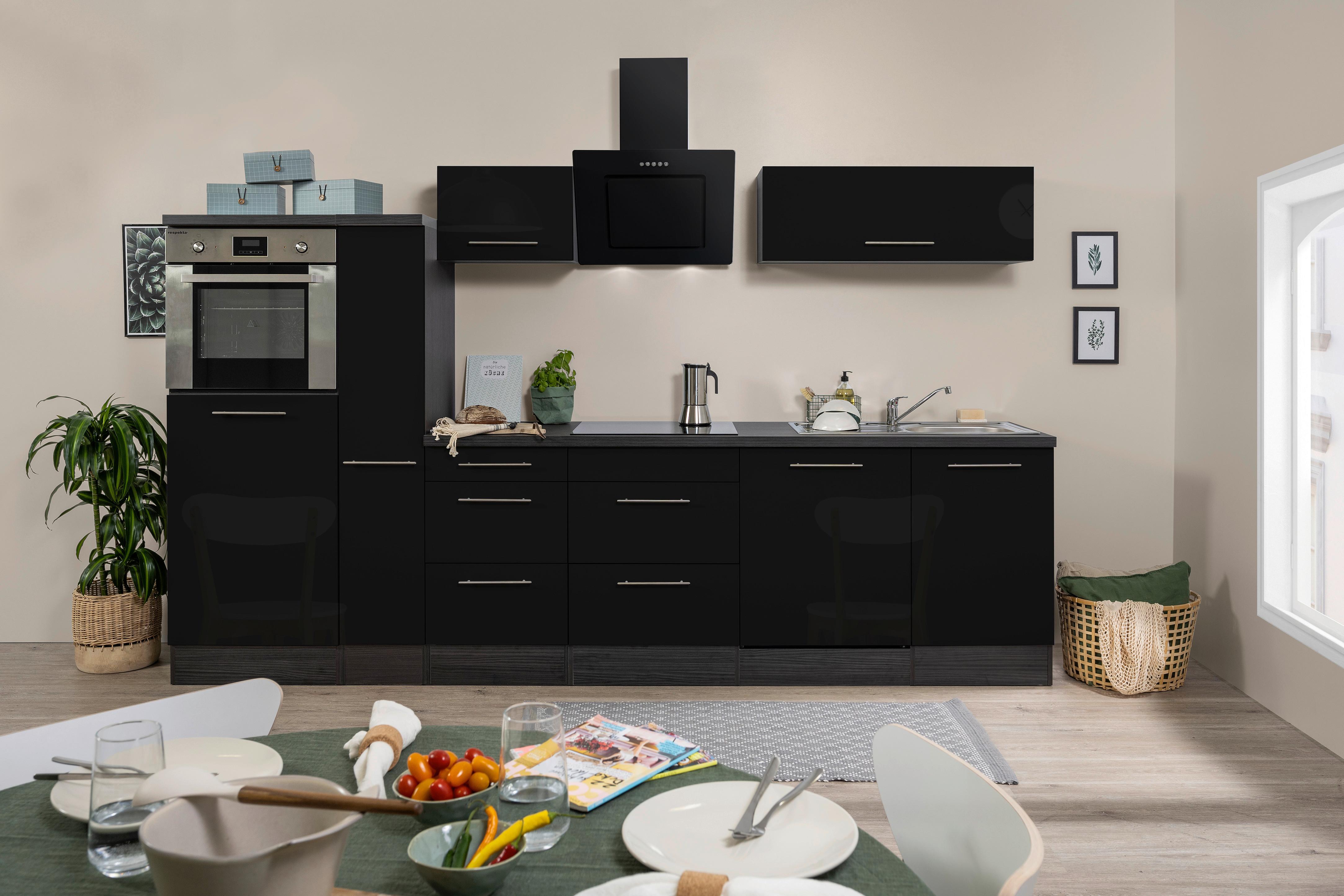 Küchenzeile mit Geräten 310 cm Schwarz Hochglanz/Grau - Eichefarben/Schwarz, Basics, Holzwerkstoff (310cm) - Respekta