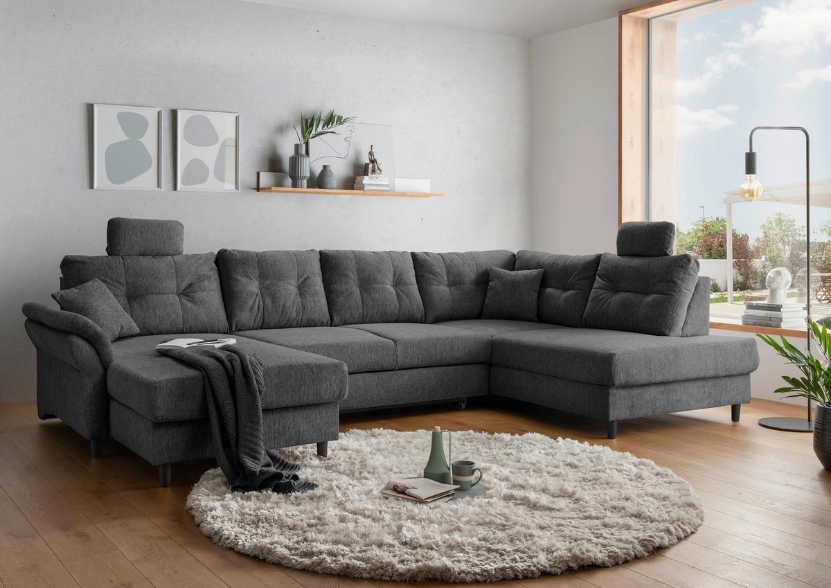 Wohnlandschaft Brizzini mit Schlaffunktion, Anthrazit - Anthrazit/Schwarz, MODERN, Textil (176/338/206cm) - Livetastic