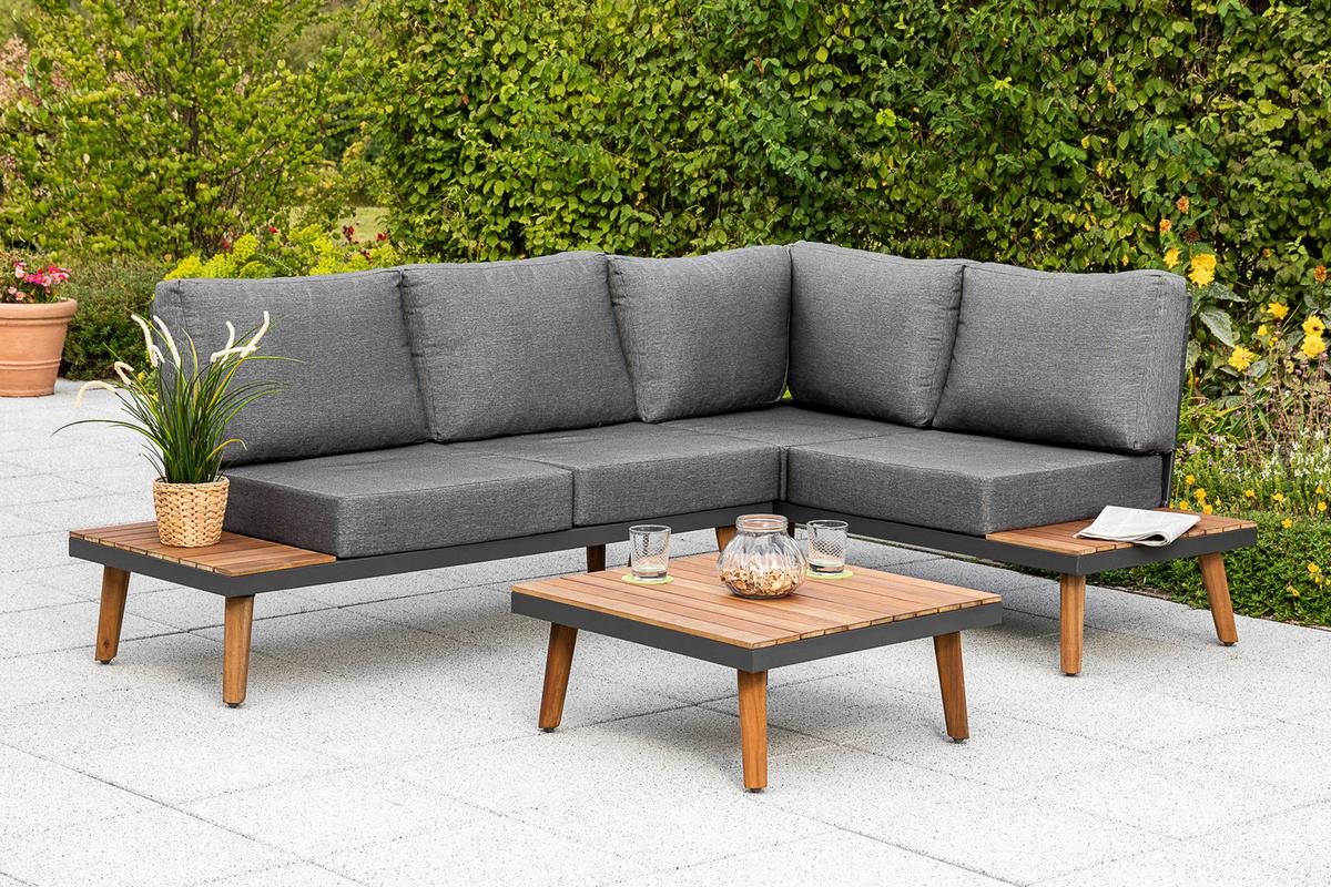 Loungegarnitur Attika Akazie Echtholz mit Kissen - Graphitfarben/Braun, KONVENTIONELL, Holz/Textil (211/28/152,5cm) - Gardenson