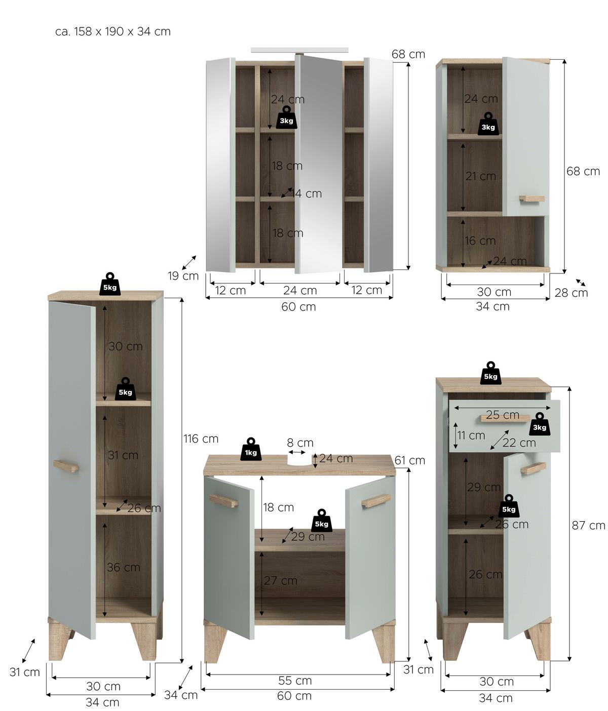 Badezimmer Star Hellgrün/Eiche Dekor B: 128cm - Eichefarben/Hellgrün, MODERN, Holzwerkstoff (128/184/31cm) - MID.YOU