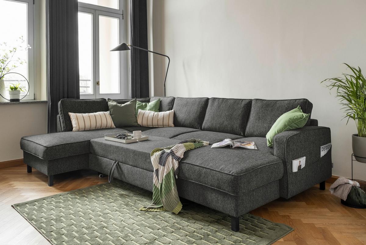 Wohnlandschaft Molly Dunkelgrau B: 298 cm - Dunkelgrau/Schwarz, Textil (198/298/148cm) - MID.YOU
