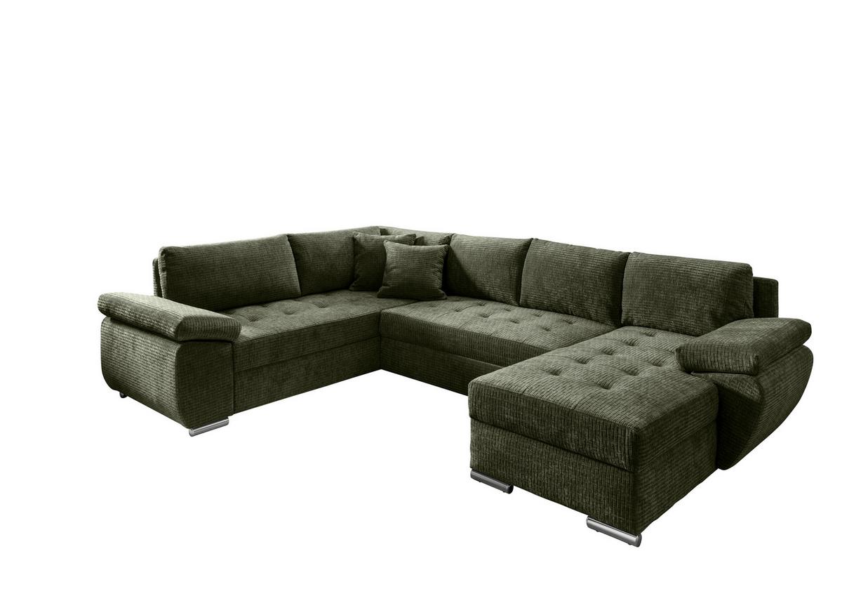 Wohnlandschaft Terana Olivgrün mit Schlaffunktion, Mikrofaser - Chromfarben/Olivgrün, KONVENTIONELL, Textil (219/305/157cm) - Livetastic