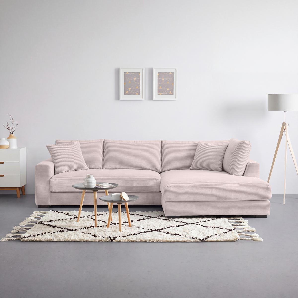 Rohová sedačka PEDRO, pravá, růžový manšestr - růžová/černá, Moderní, textil/plast (300/190cm) - Mömax