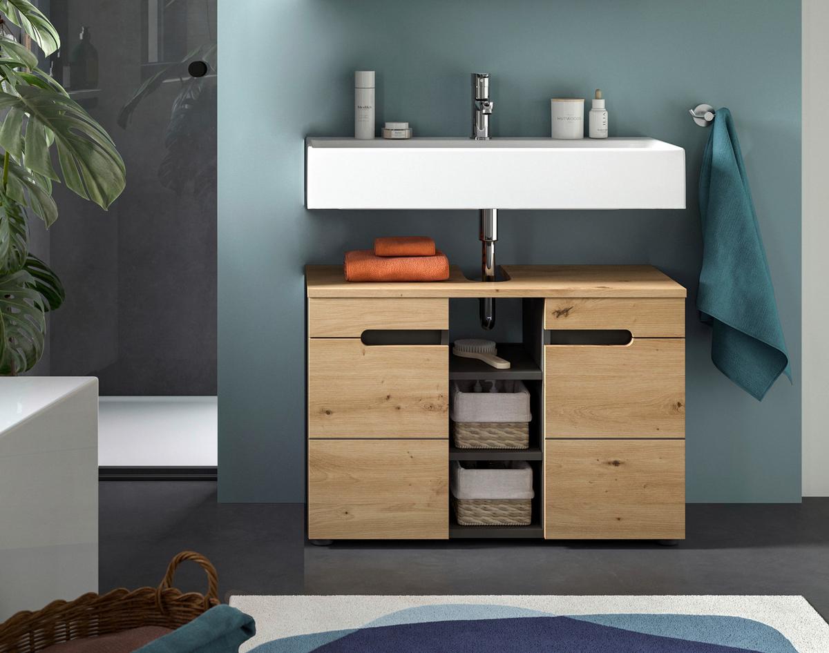 Waschbeckenunterschrank Canu Eiche Artisan Dekor Dunkelgrau - Dunkelgrau/Schwarz, MODERN, Holzwerkstoff (80/55/34cm) - MID.YOU