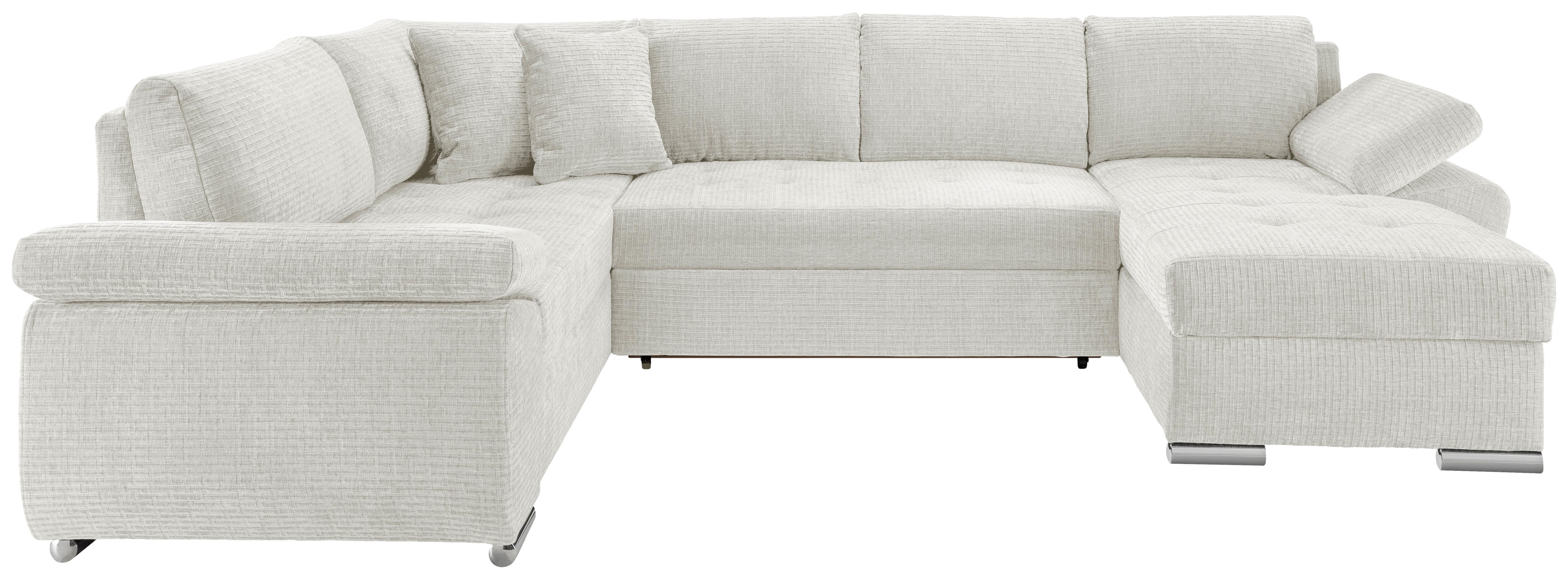 Wohnlandschaft mit Schlaffunktion, Mikrofaser - Chromfarben/Creme, KONVENTIONELL, Textil (219/305/157cm) - Livetastic