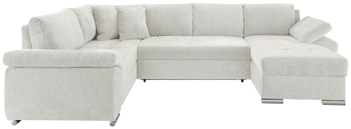 Wohnlandschaft mit Schlaffunktion, Mikrofaser - Chromfarben/Creme, KONVENTIONELL, Textil (219/305/157cm) - Livetastic