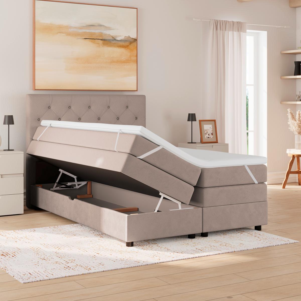 Boxspringbett Elio Beige 140x200 cm H2 - Beige/Schwarz, ROMANTIK / LANDHAUS, Textil (144/121/212cm) - James Wood