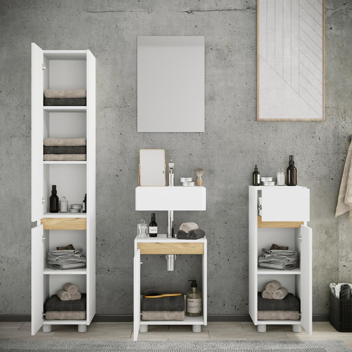 Fürdőszobabútor Cosila - méztölgy színű/fehér, Trend, faalapú anyag (112cm) - MID.YOU