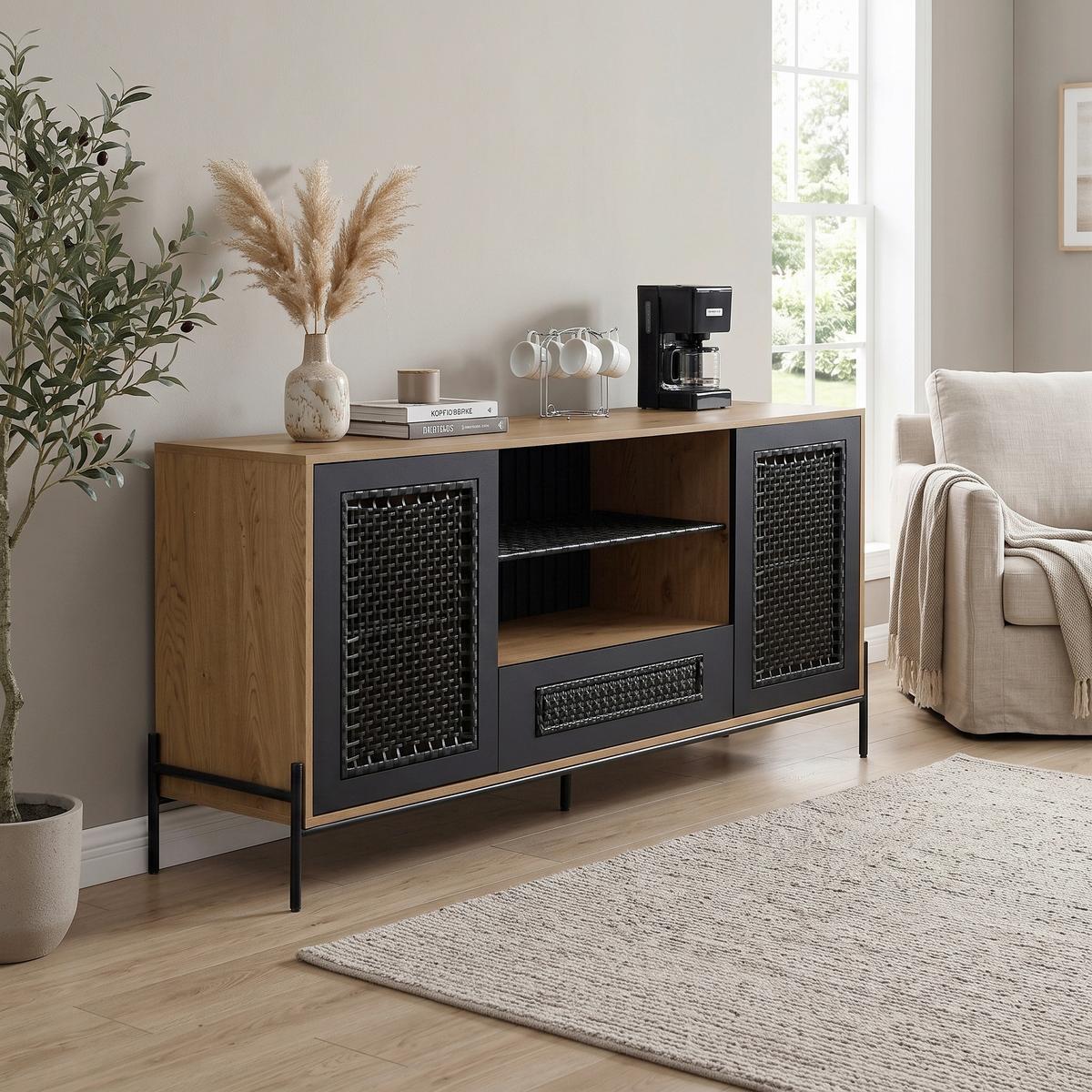 SIDEBOARD Schwarz, Naturfarben B: 164cm - Schwarz/Naturfarben, Design, Holzwerkstoff/Kunststoff (164/76cm) - Livetastic