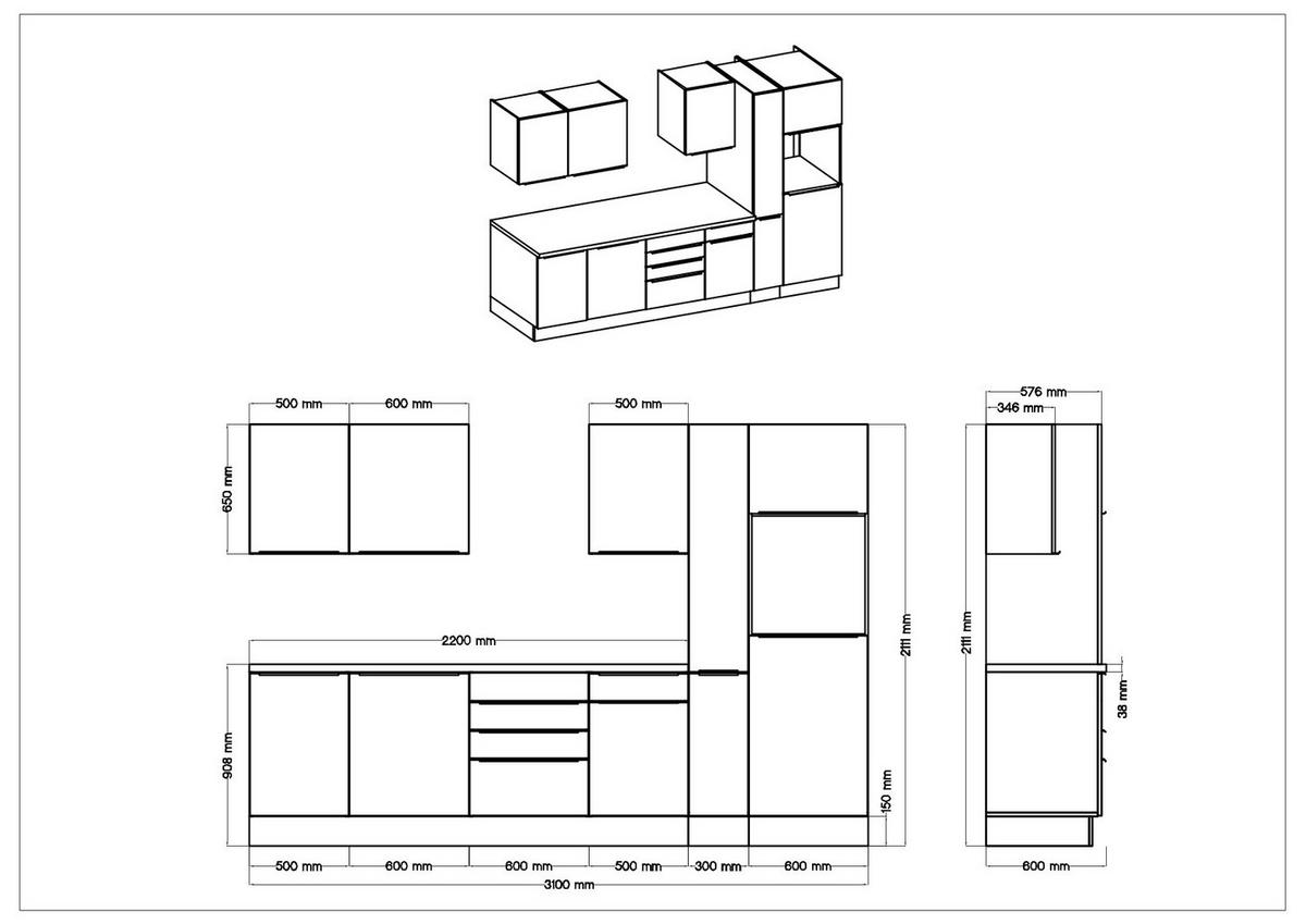Küchenzeile mit Geräten B: 310 cm Weiß/Eiche Dekor - Weiß Hochglanz/Weiß, LIFESTYLE, Holzwerkstoff (310cm) - Respekta