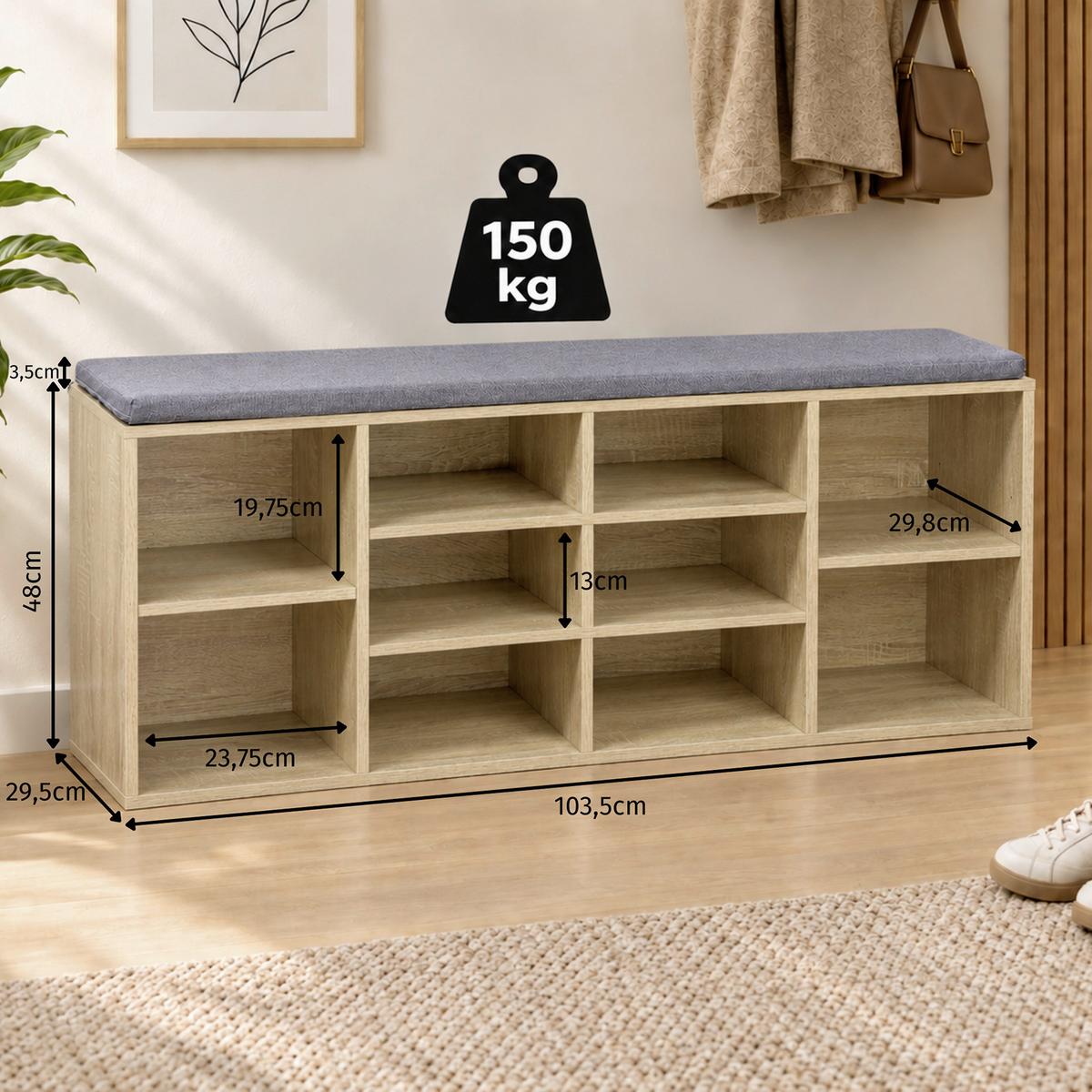 Garderobenbank Eiche Dekor mit Sitzkissen B: 103,5 cm - Sonoma Eiche, MODERN, Holzwerkstoff (103,5/48/29,5cm) - Kesper