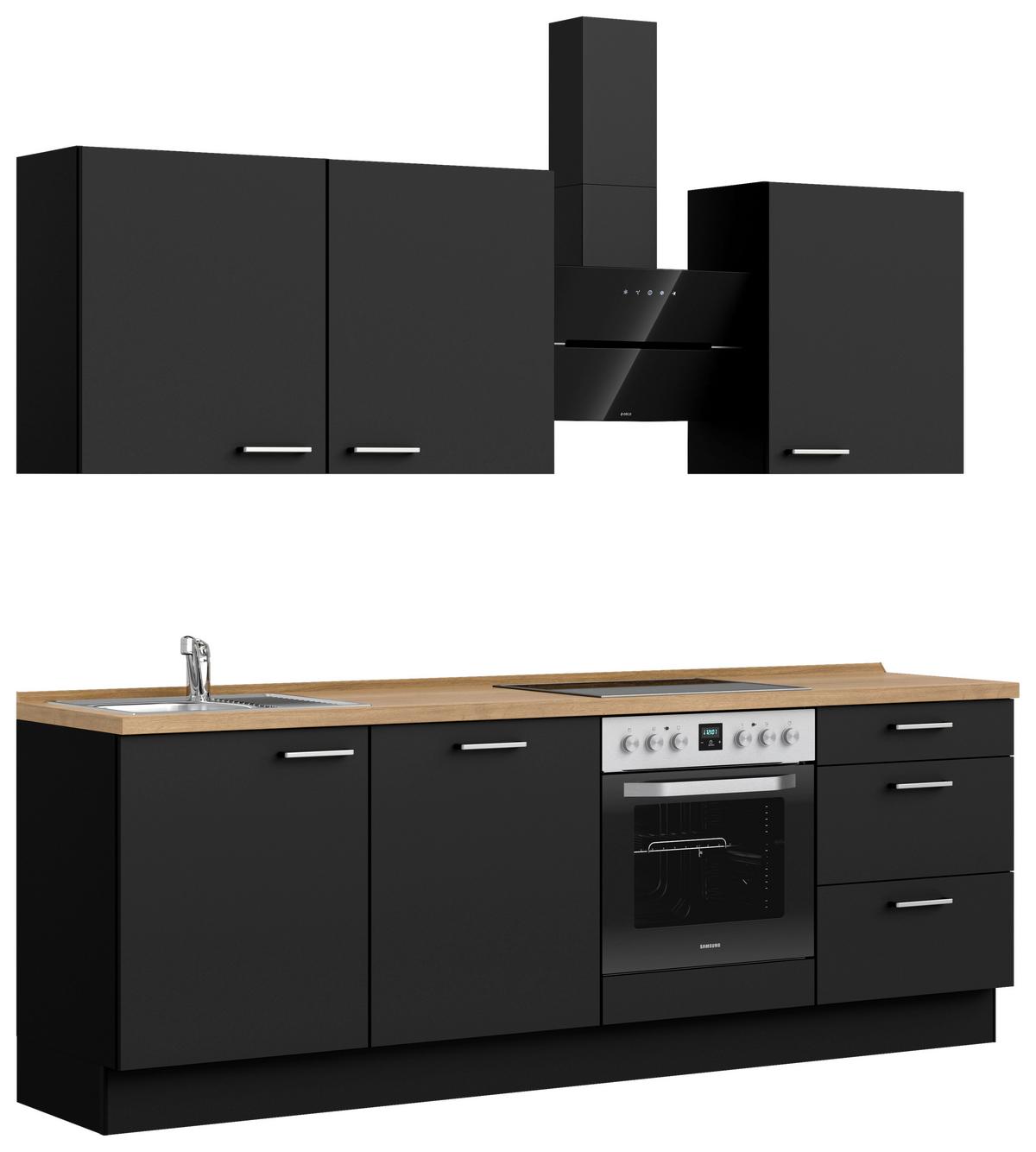 Kuchyňská linka 240 cm, černá matná/ barva dub - černá/barvy dubu, Moderní, kov/kompozitní dřevo (240cm) - Nobilia