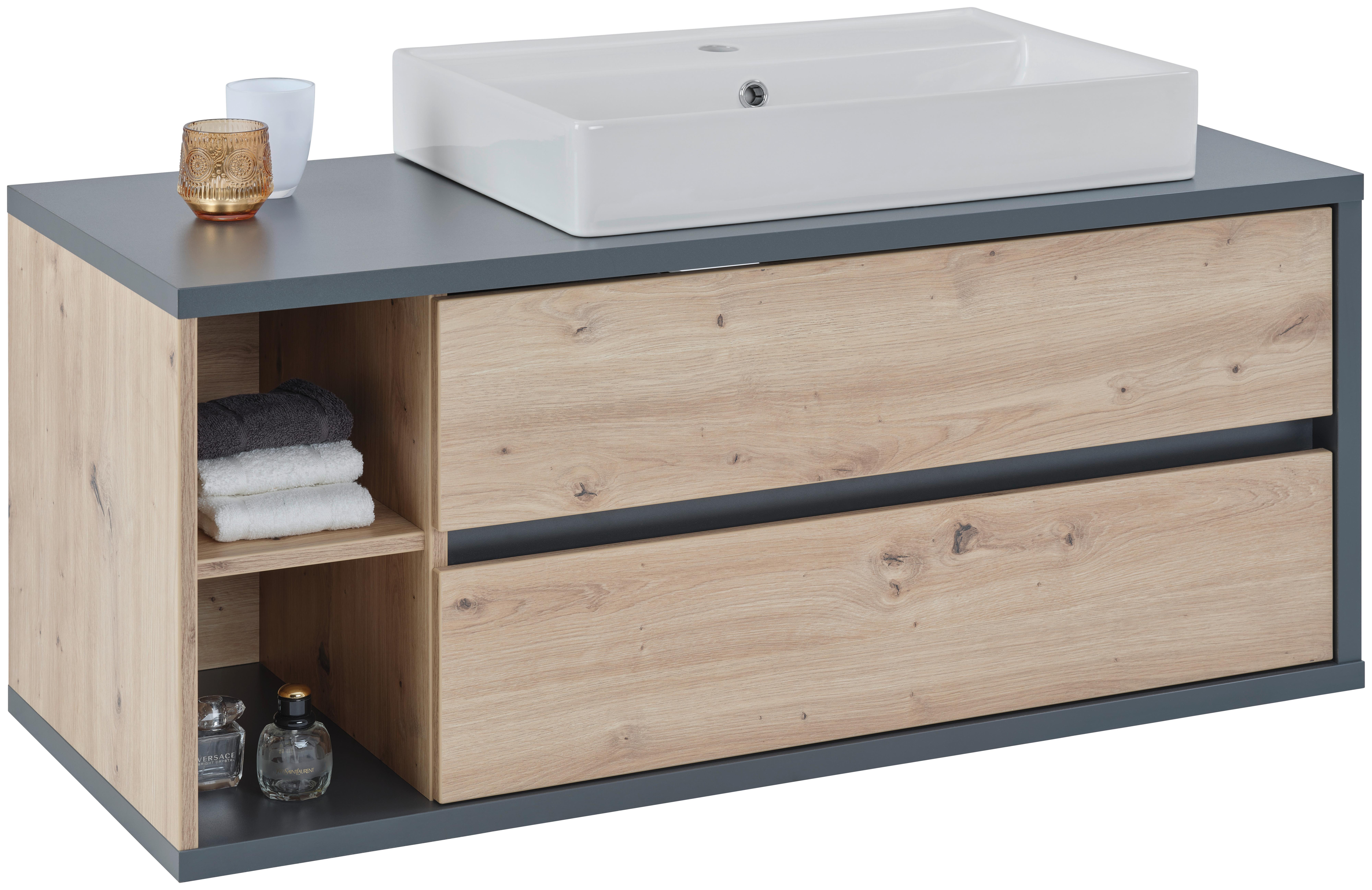 Waschbeckenunterschrank Camillo B: 110 Cm, Eichefarben - Weiß Hochglanz/Anthrazit, MODERN, Keramik/Holzwerkstoff (110/48/46cm)