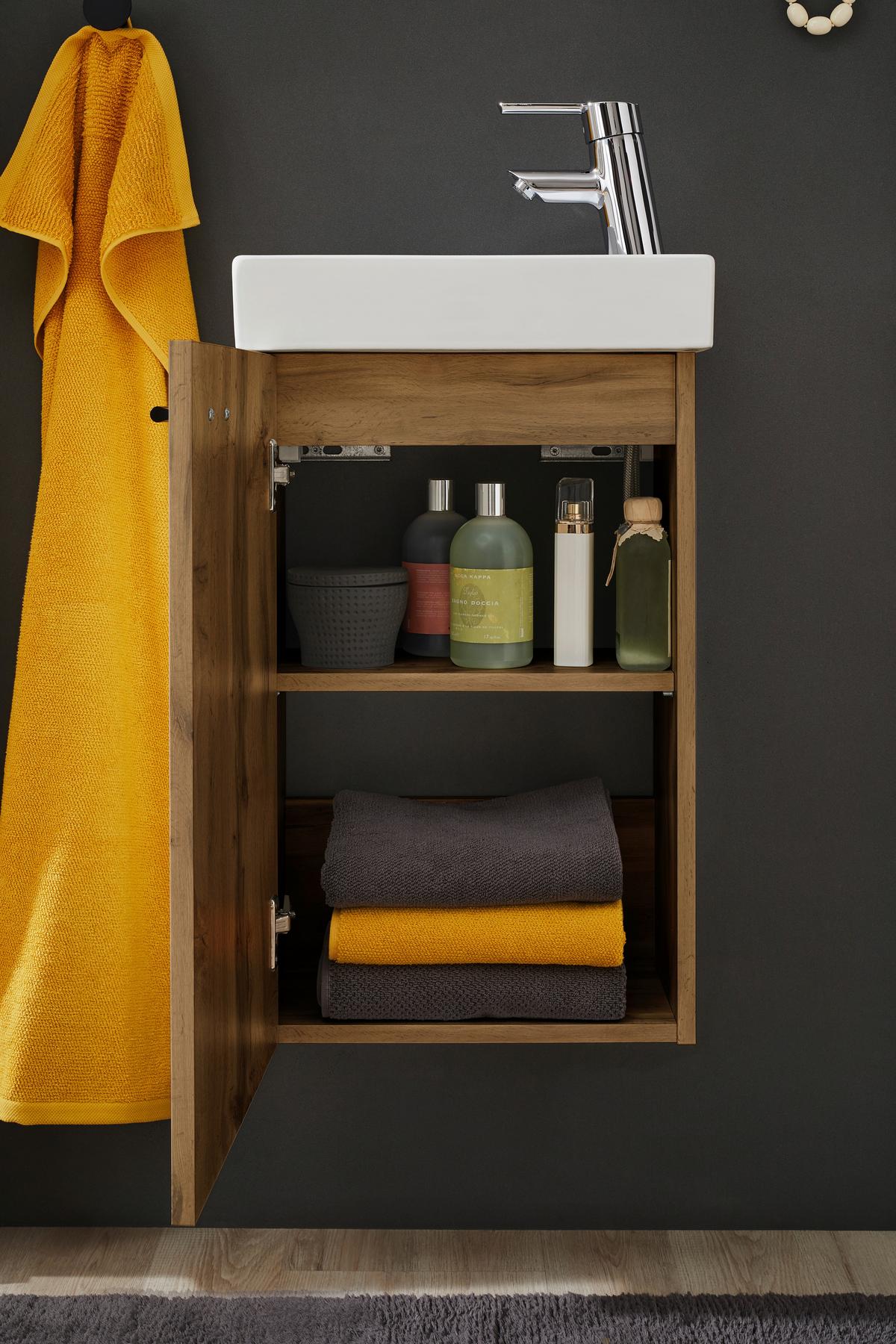 Hosťovská kúpeľňa AMY - divoký dub/biela, Modern, kompozitné drevo/sklo (41/165/23cm) - Mömax