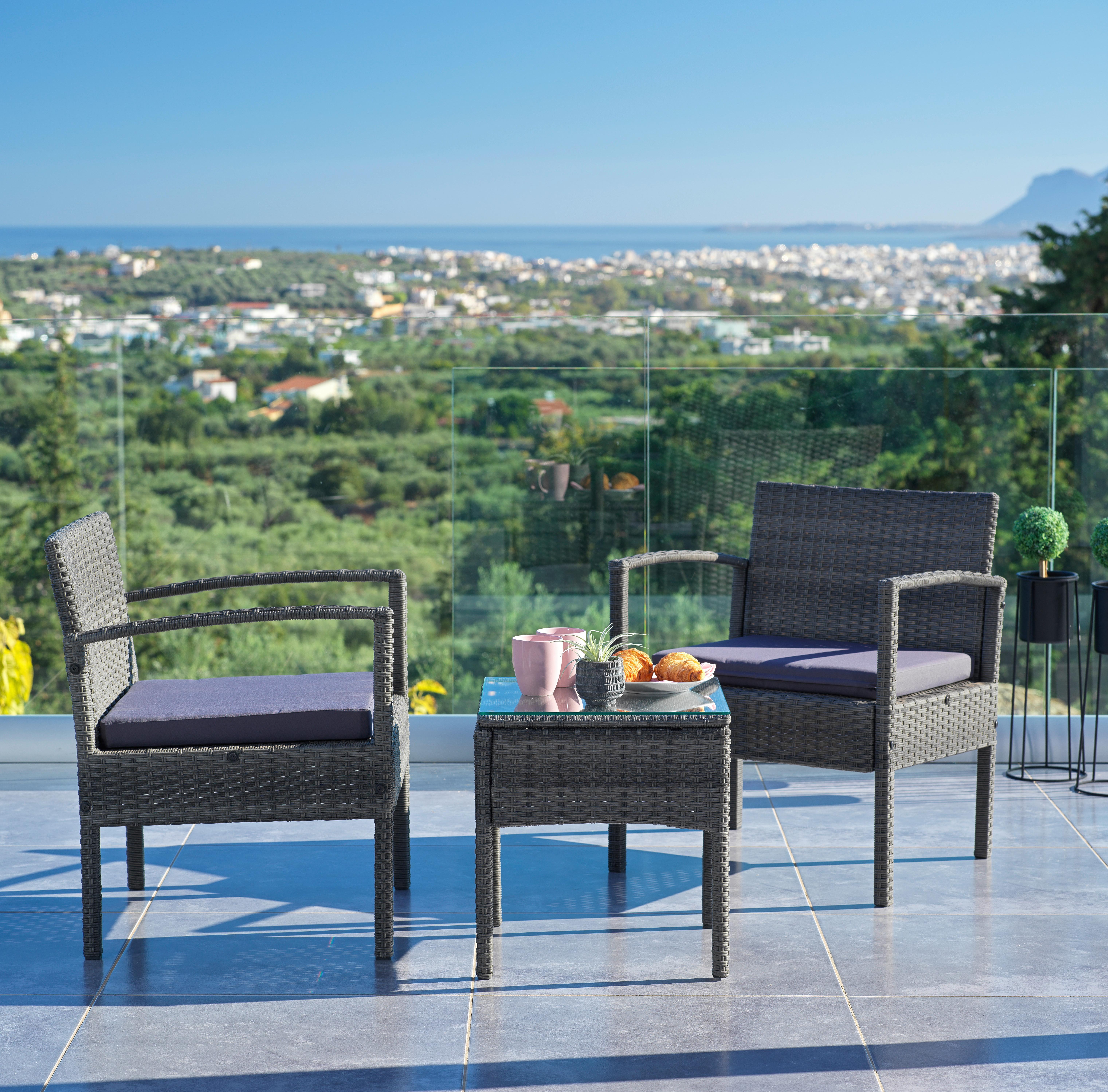 Balkonmöbel Set Poros Glas/ Kunststoffgeflecht mit Kissen - Grau, MODERN, Glas/Kunststoff - Luca Bessoni