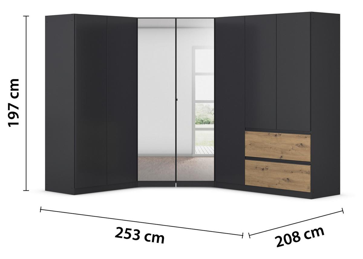 Eckkleiderschrank Costa Grau Eiche Artisan Dekor - Eiche Artisan/Grau, MODERN, Holzwerkstoff (208/197/253cm) - Rauch Möbel